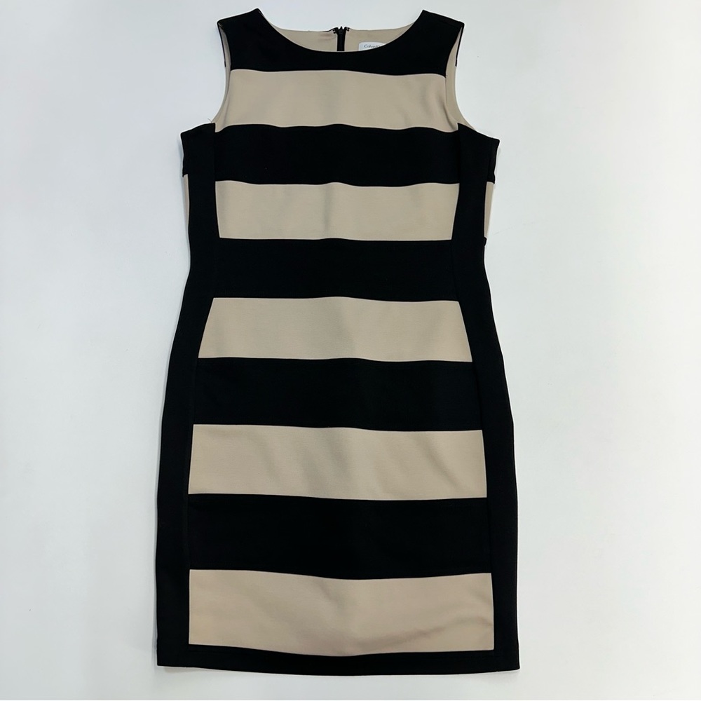 Calvin Klein Dress Scuba Sheath Stripe Sleeveless Nude Black Womens Size 12